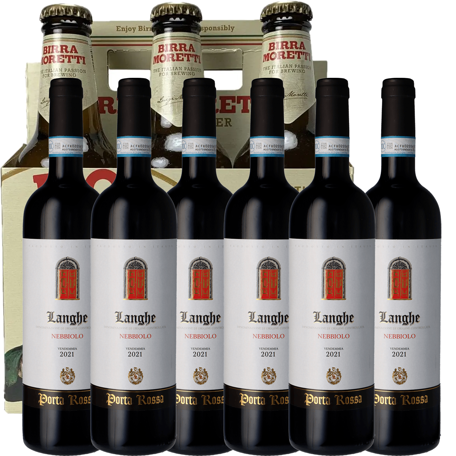 Porta Rossa Langhe Nebbiolo DOC 2021 + Bonus Birra Moretti Italian Lager 6 pack