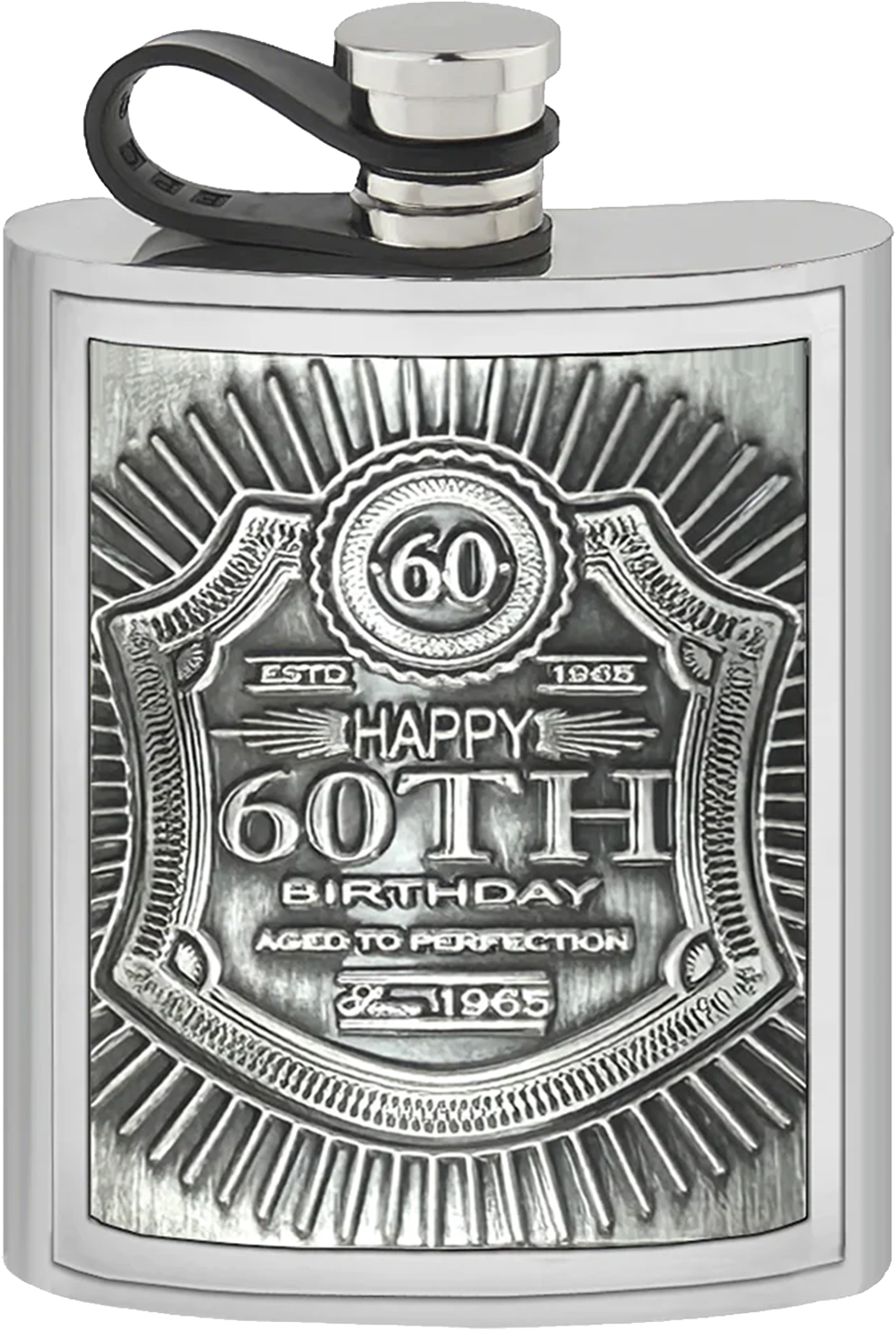 Birthday collection 6oz embossed flask 60th birthday pewter badge f/c