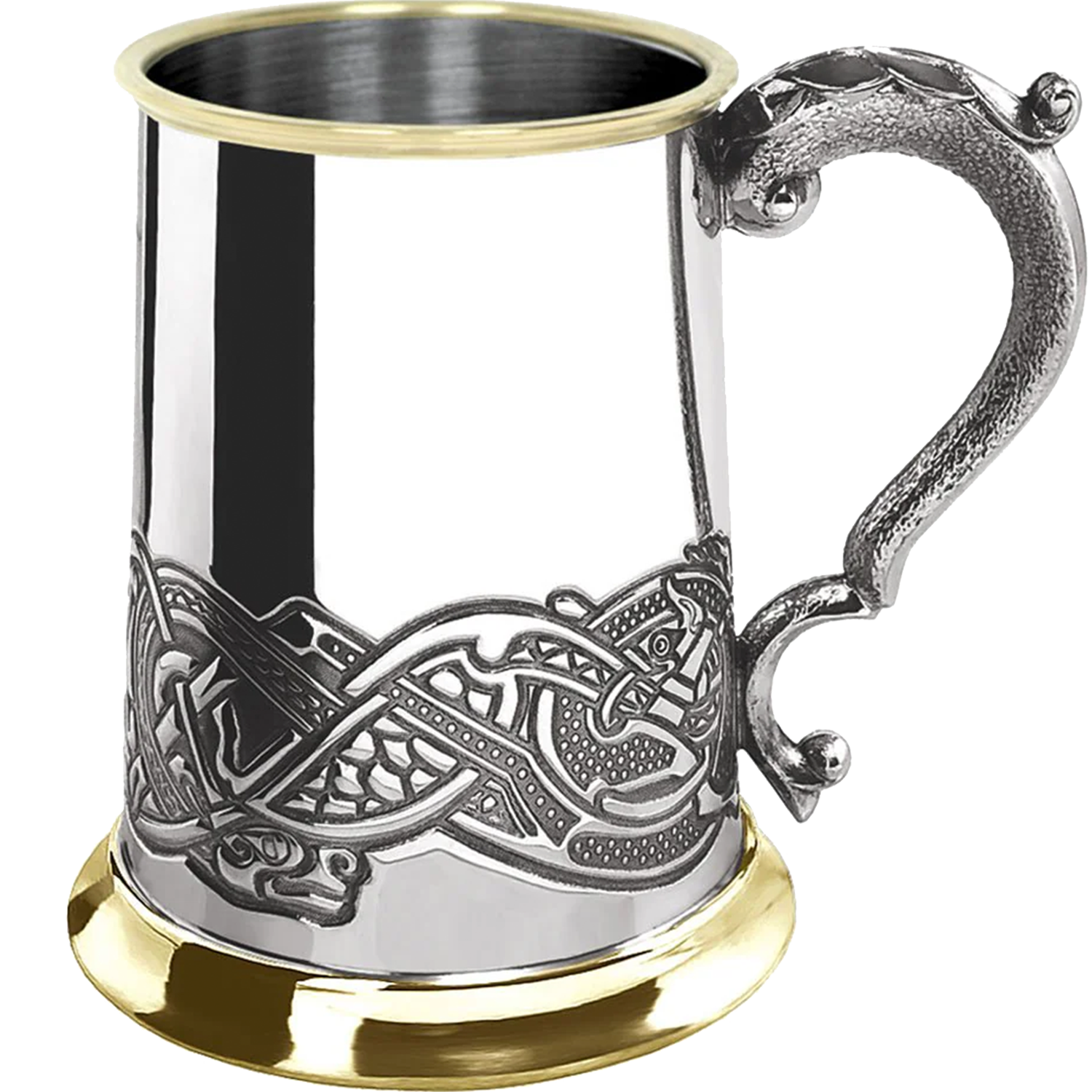 Celtic collection 1pt celtic scene brass lip & base tankard pewter